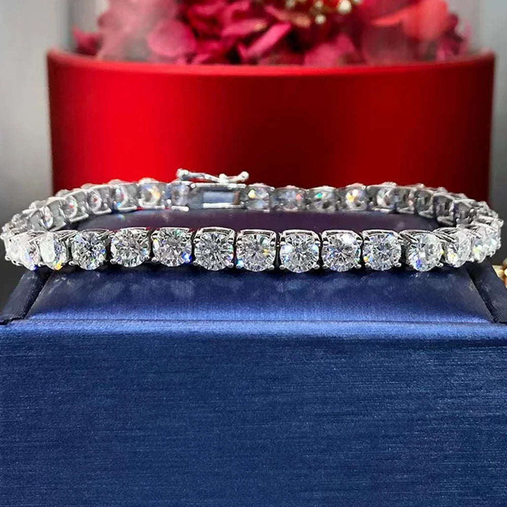925 Sterling Silver Moissanite Tennis Bracelet 3EX Round Cut VVS1 D Color (3mm/4mm/5mm) | Adjustable 15-20cm | Elegant Gift for Women