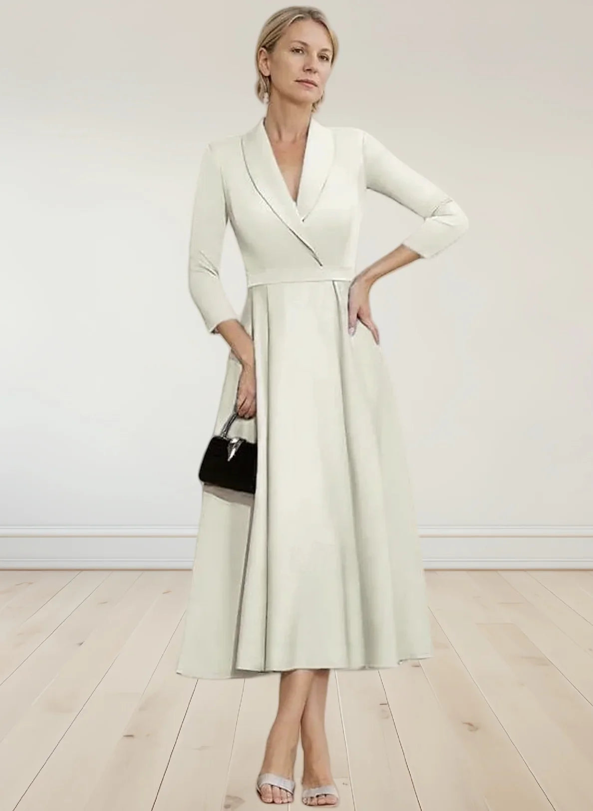 Elegant A-Line Satin Mother of the Bride Dress – Tea Length with 3/4 Sleeves | 2025 Wedding Guest Look