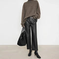 Genuine Sheepskin Leather Pants for Women Casual Loose Wide Leg Pants 2024 New Chic Lady Brown High Waist Ankle-Length Trousers