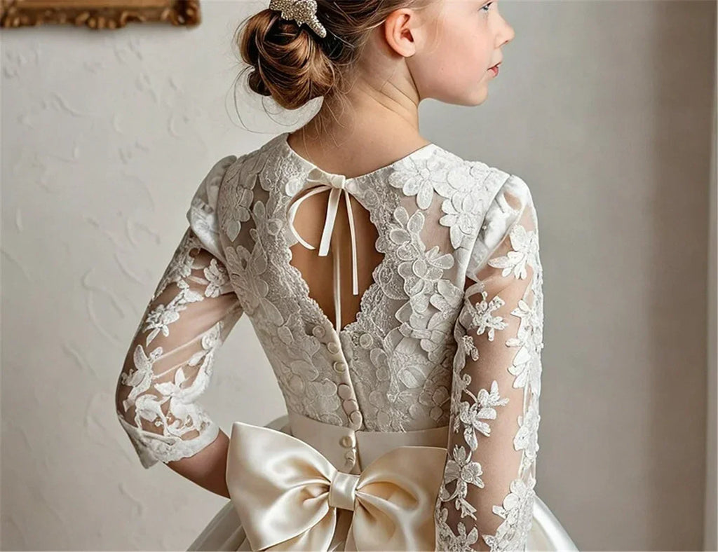 Elegant A-Line Flower Girl Dress Satin Lace Printing Idyllic First Communion Gowns  Kids Girls Birthday Party Evening Gown
