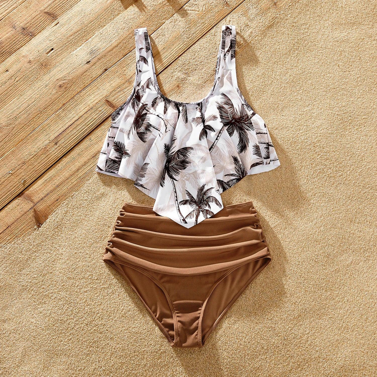 Family Matching Beach Outfits: Coconut Tree Print Swimwear  One-piece Swimsuit & Swim Trunks