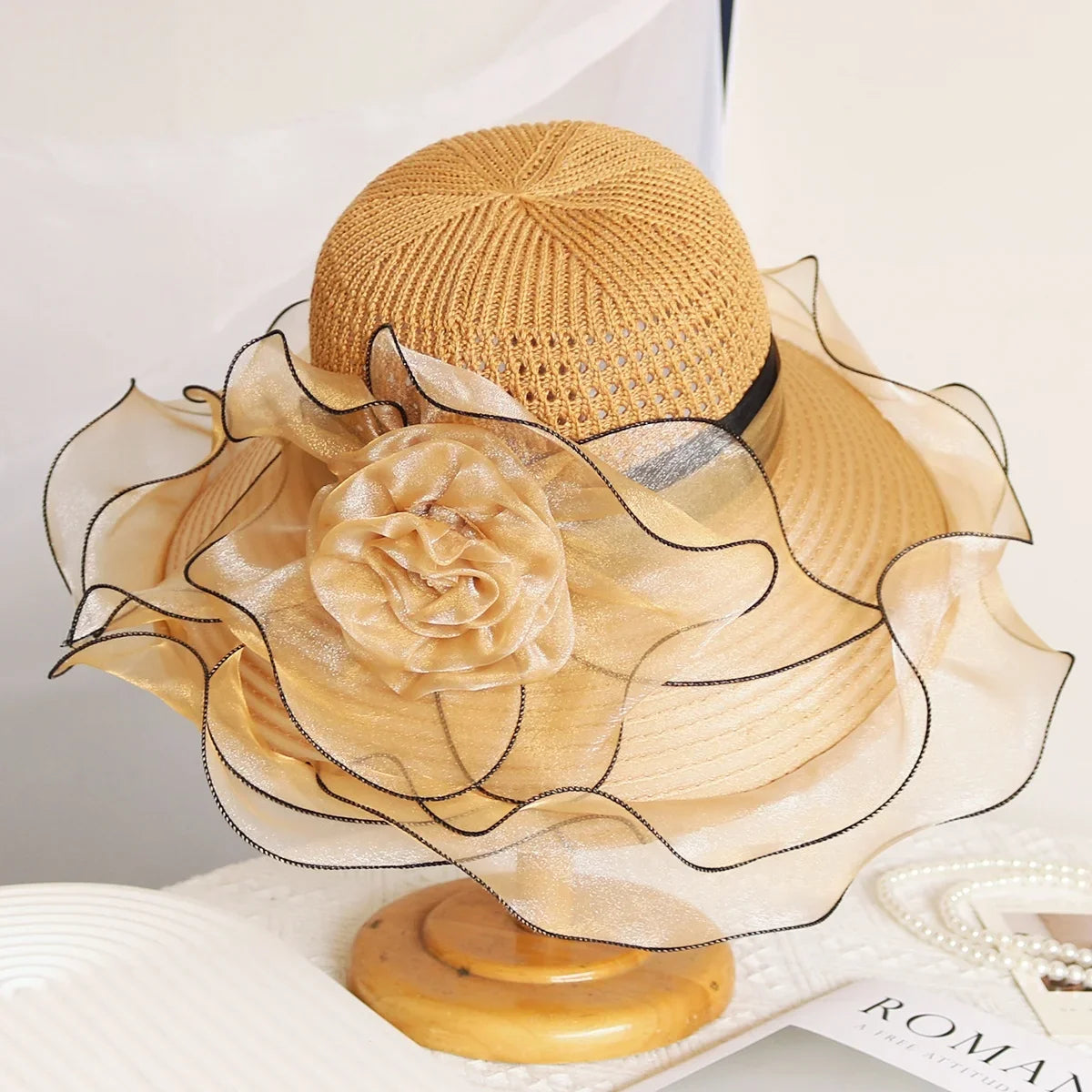 Elegant Women's Summer Sun Hat – Breathable Organdy, Foldable Design, Woven Crown with Flower Decoration