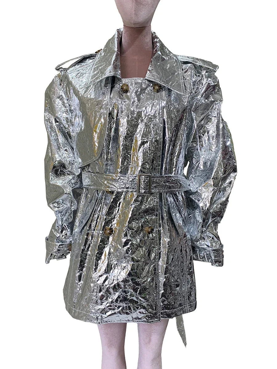 Autumn Oversized Shiny Silver Trench Coat for Women Belt Double Breasted European Fashion Emo Clothes Y2K Streetwear