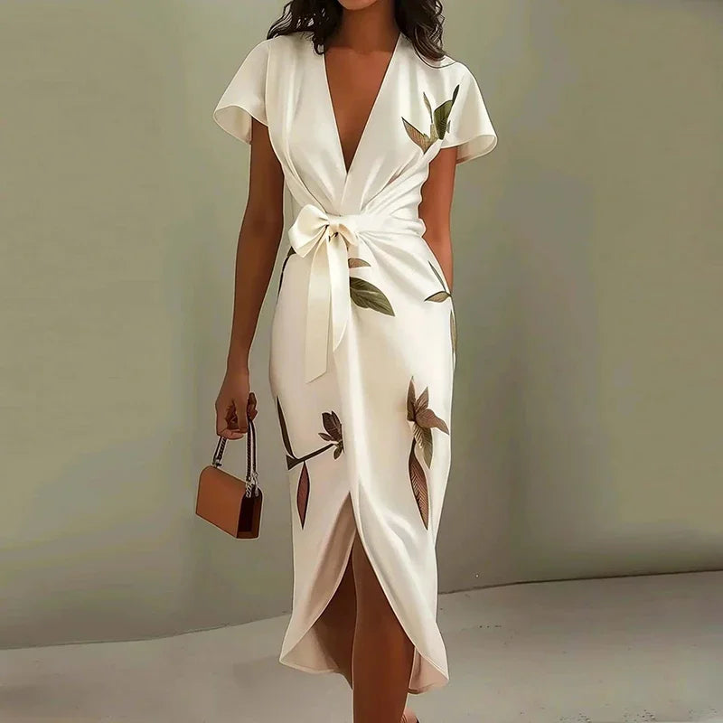 2025 Summer Tie-up Bow Long Dresses Elegant Floral Print Irregular Slim Boho Dress Woman Sexy V-Neck Knot Hollow Party Dresses