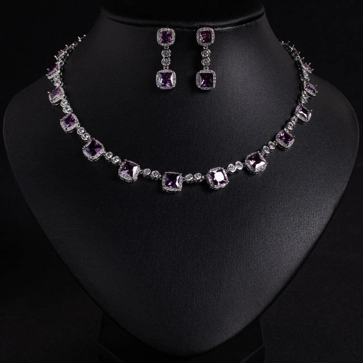 2-Piece Luxury Small Square Zirconia Jewelry Set Elegant Necklace & Earrings for Women | Party, Festival, Prom & Summer Date Look (S-650)