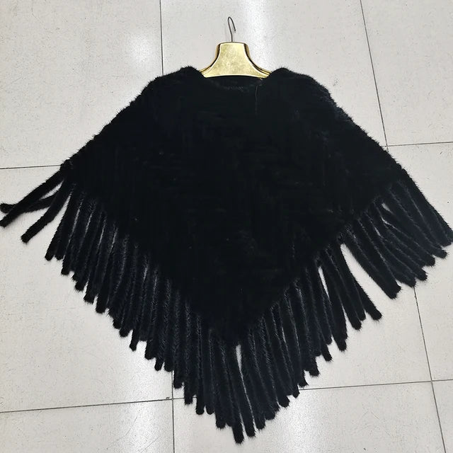 2024 Hot Sale Women Real Fur Poncho Black Brown Knitted Natural Mink Fur Scarves Shawl Lady Fashion 100% Genuine Mink Fur Shawls