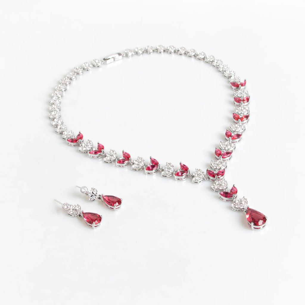 European & American Luxury Colorful Water Drop Zircon Necklace and Earrings Set Wheat-Inspired 2-Piece Bridal Jewelry for Wedding or Dinner Party Gift