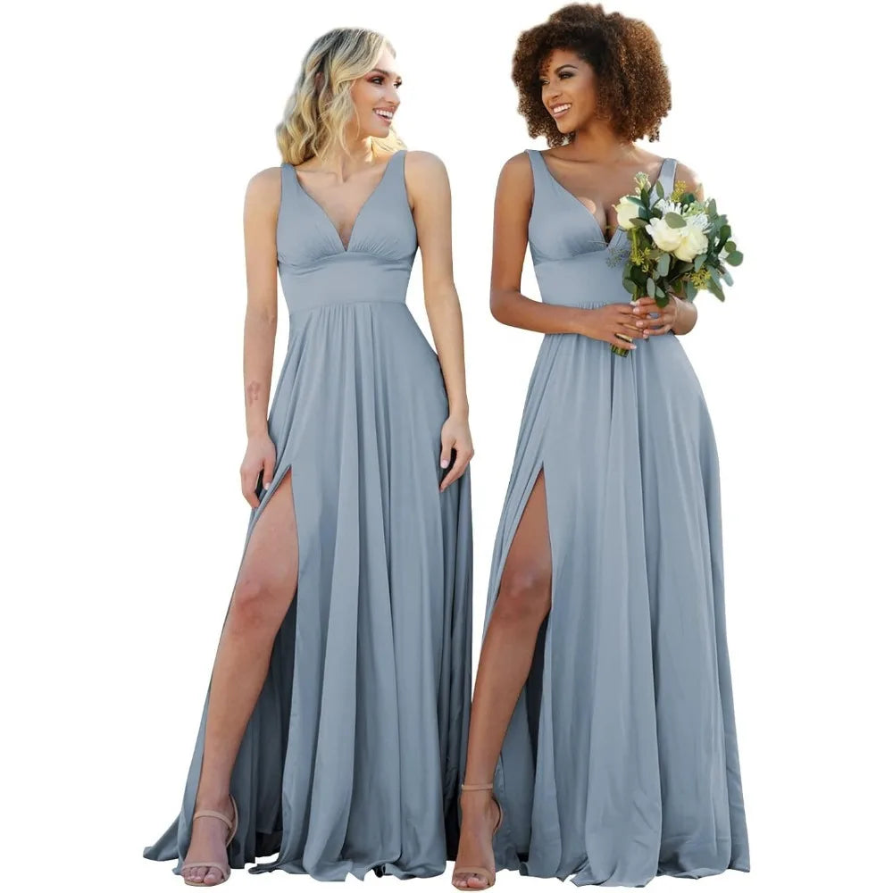 Champagne Gold Bridesmaid Dress – Elegant V-Neck Satin Chiffon Gown for Wedding, Prom & Formal Events