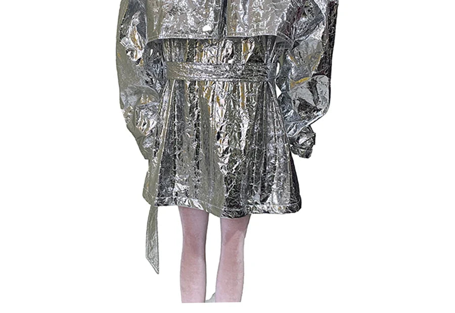 Autumn Oversized Shiny Silver Trench Coat for Women Belt Double Breasted European Fashion Emo Clothes Y2K Streetwear