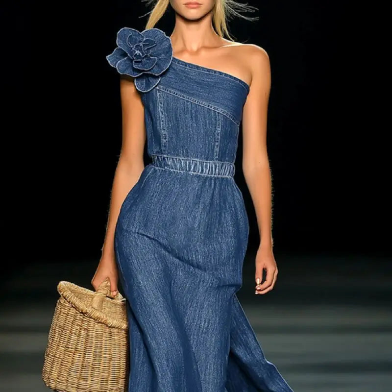 Elegant Strapless Denim 3D Floral Maxi Dress for Women, Beach Wedding Party Long Gown with Split Side