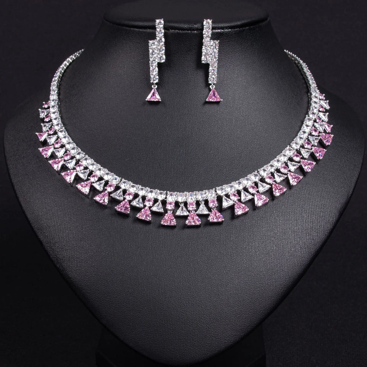 Geometric Triangle Zircon Jewelry Set for Women  Shiny Necklace & Earrings for Dubai Bridal Wedding or Party Gift