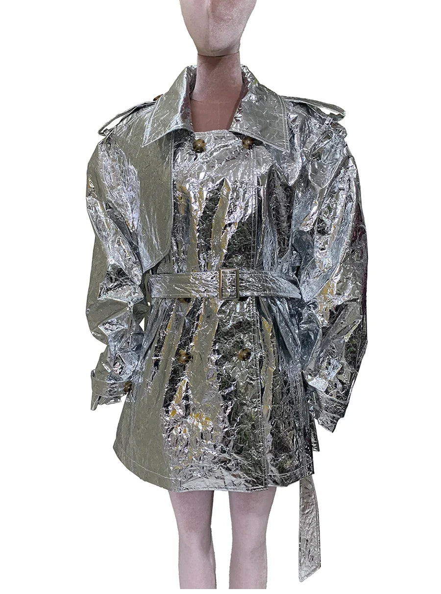 Autumn Oversized Shiny Silver Trench Coat for Women Belt Double Breasted European Fashion Emo Clothes Y2K Streetwear