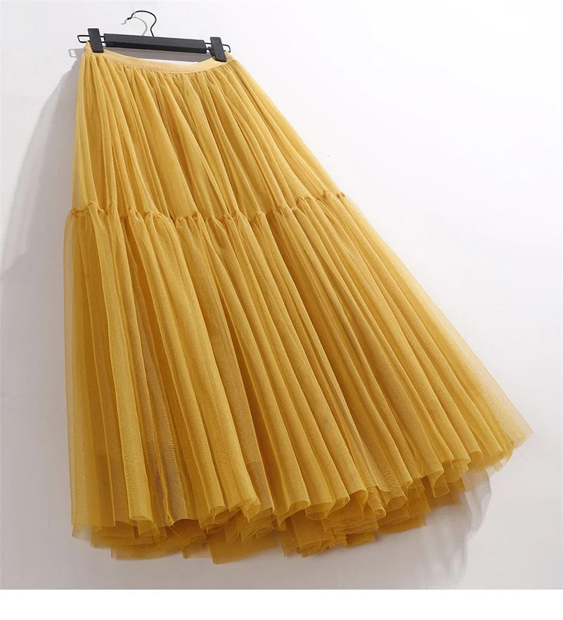 Elegant High Waist Tulle Skirt – Solid Color A-Line Mesh Tutu Skirt for Women