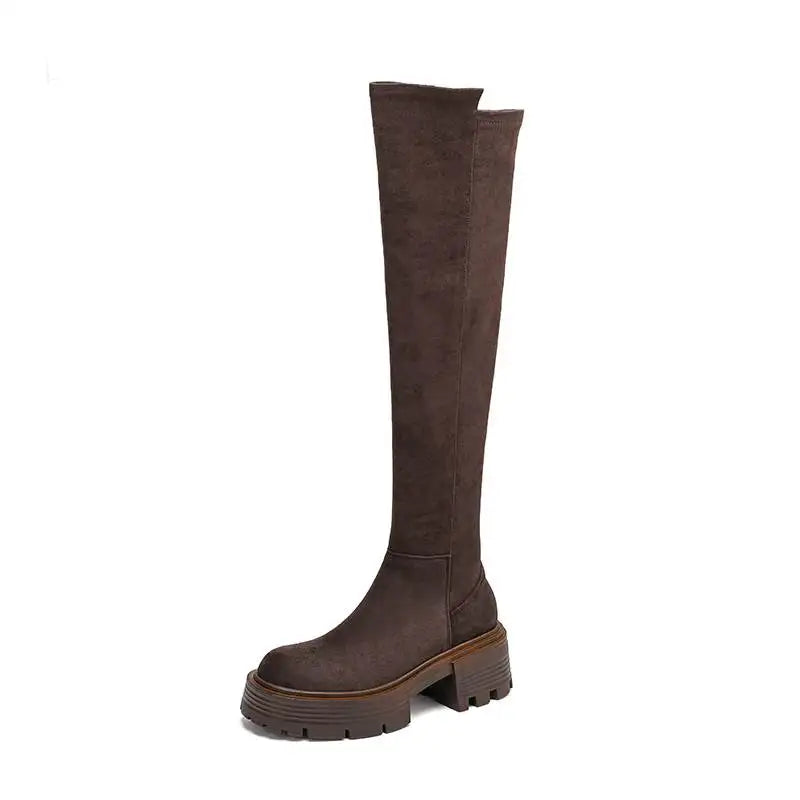 Flock Stretch Over-the-Knee Boots – Slip-On, Round Toe, Chunky High Heels, Elegant Modern Platform Style