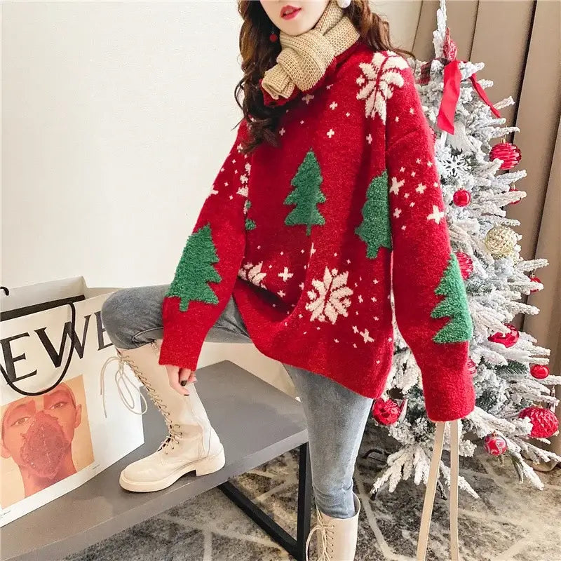 2024 Autumn/Winter Thickened Color blocked Christmas Sweater Women Hoodie Snowflake Loose Round Neck Lazy Style Tops