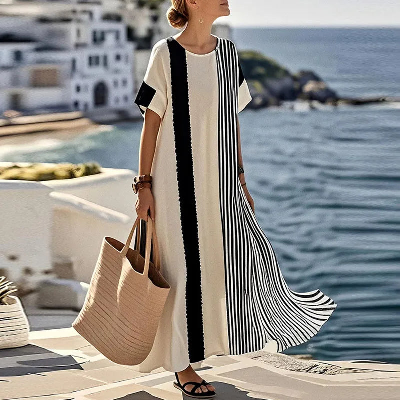 Elegant Patchwork Maxi Dress – Spring Summer Crew Neck Short Sleeve Boho Beach Dress with Side Split for Women
