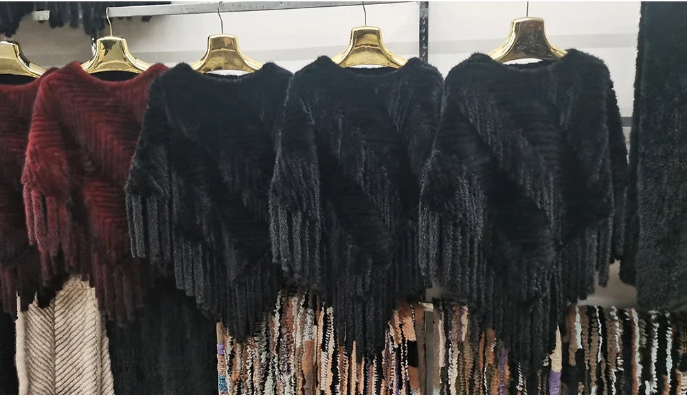 2024 Hot Sale Women Real Fur Poncho Black Brown Knitted Natural Mink Fur Scarves Shawl Lady Fashion 100% Genuine Mink Fur Shawls