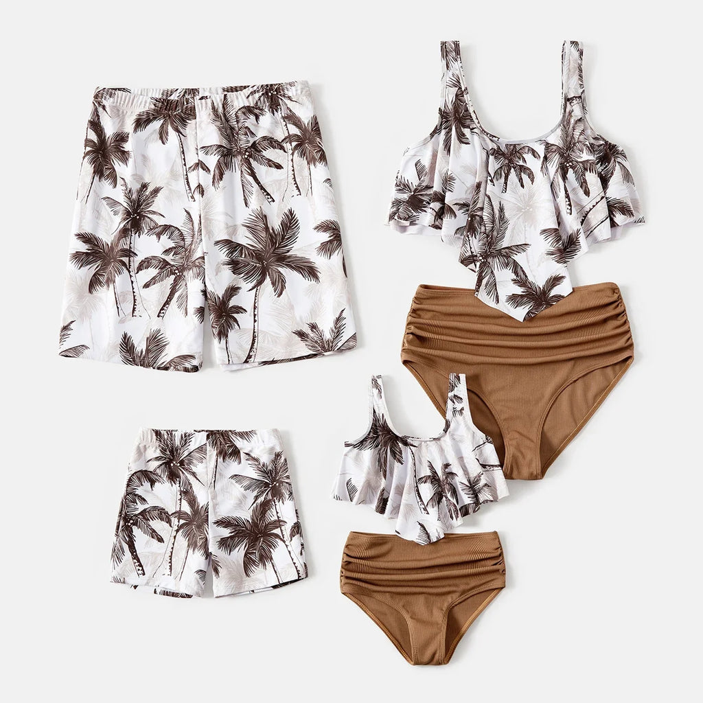 Family Matching Coconut Tree Print Swimwear  |  Ruched One-Piece Swimsuit & Swim Trunks Beach Set