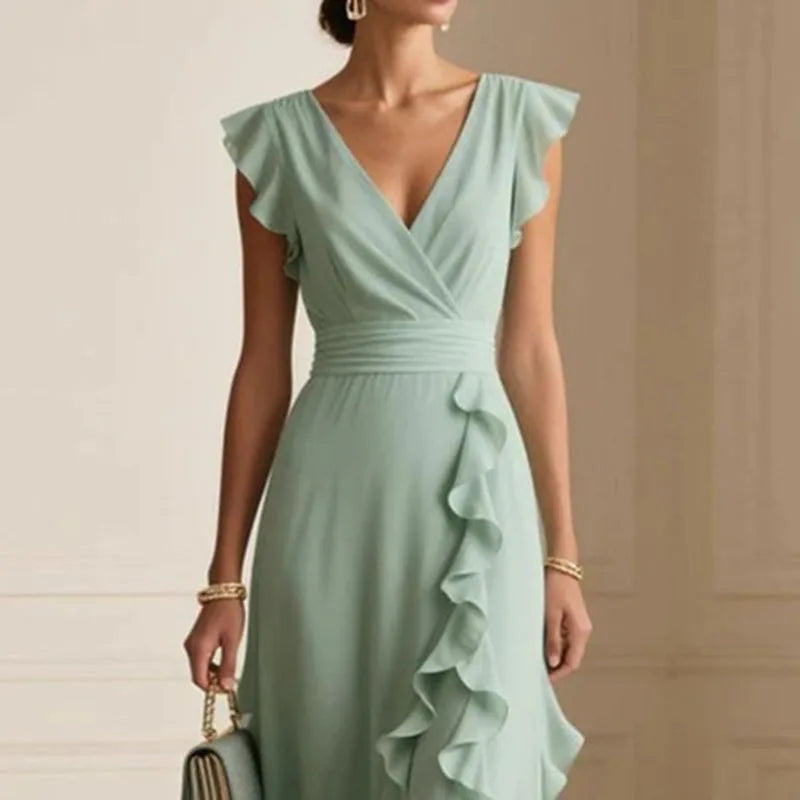 Boho Long Ruffle Dress – Women's V-Neck High Waist Butterfly Sleeve Maxi Dress