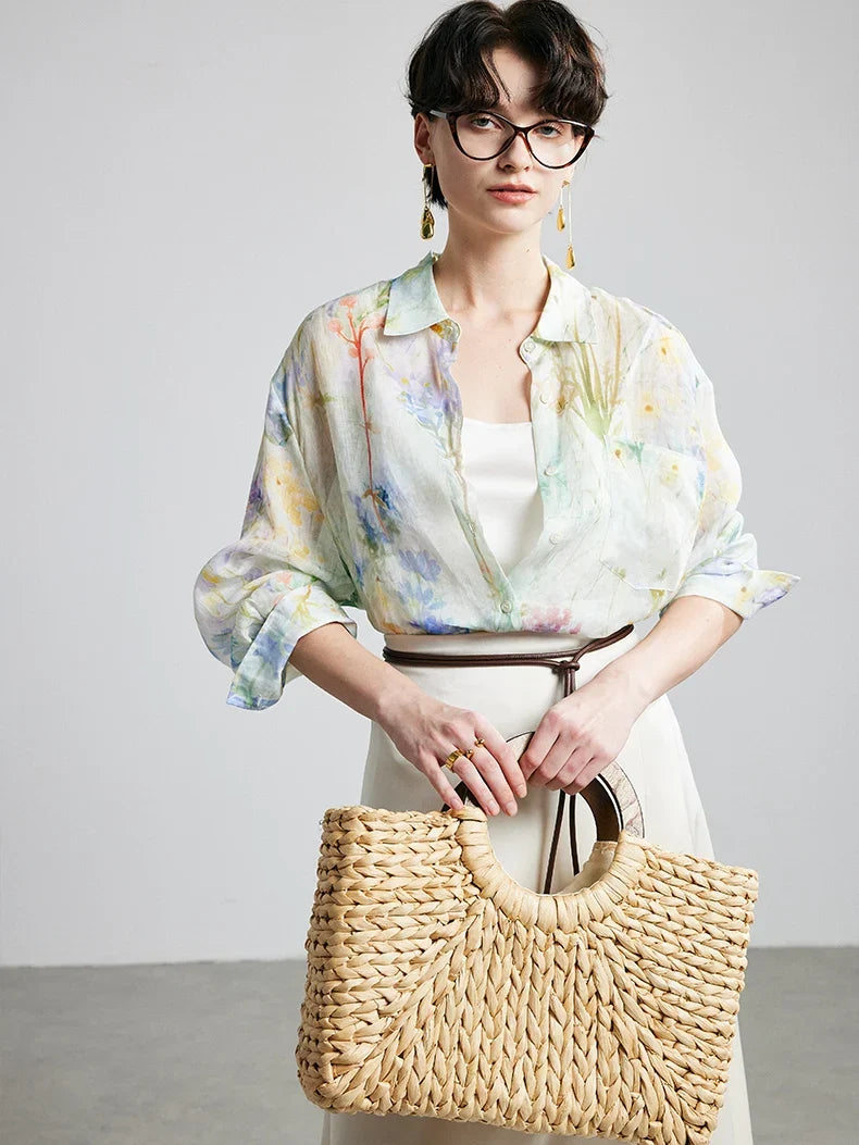 100% Ramie Floral Blouse  -  Women's Printed Shirt with Turn-Down Collar