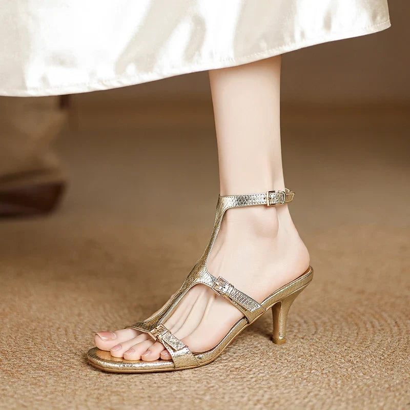 2025 Summer New Women Sandals Shoes High Heel Genuine Leather Sexy Round Toe Ankle Strap Party Shoes Pumps Buckle Wedding 34-42