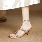 2025 Summer New Women Sandals Shoes High Heel Genuine Leather Sexy Round Toe Ankle Strap Party Shoes Pumps Buckle Wedding 34-42