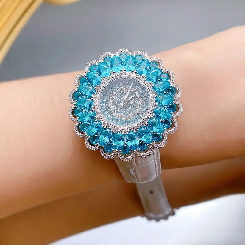 925 Sterling Silver Luxury Watch High-Quality Paraiba Tourmaline Gemstone Bracelet Watch for Women