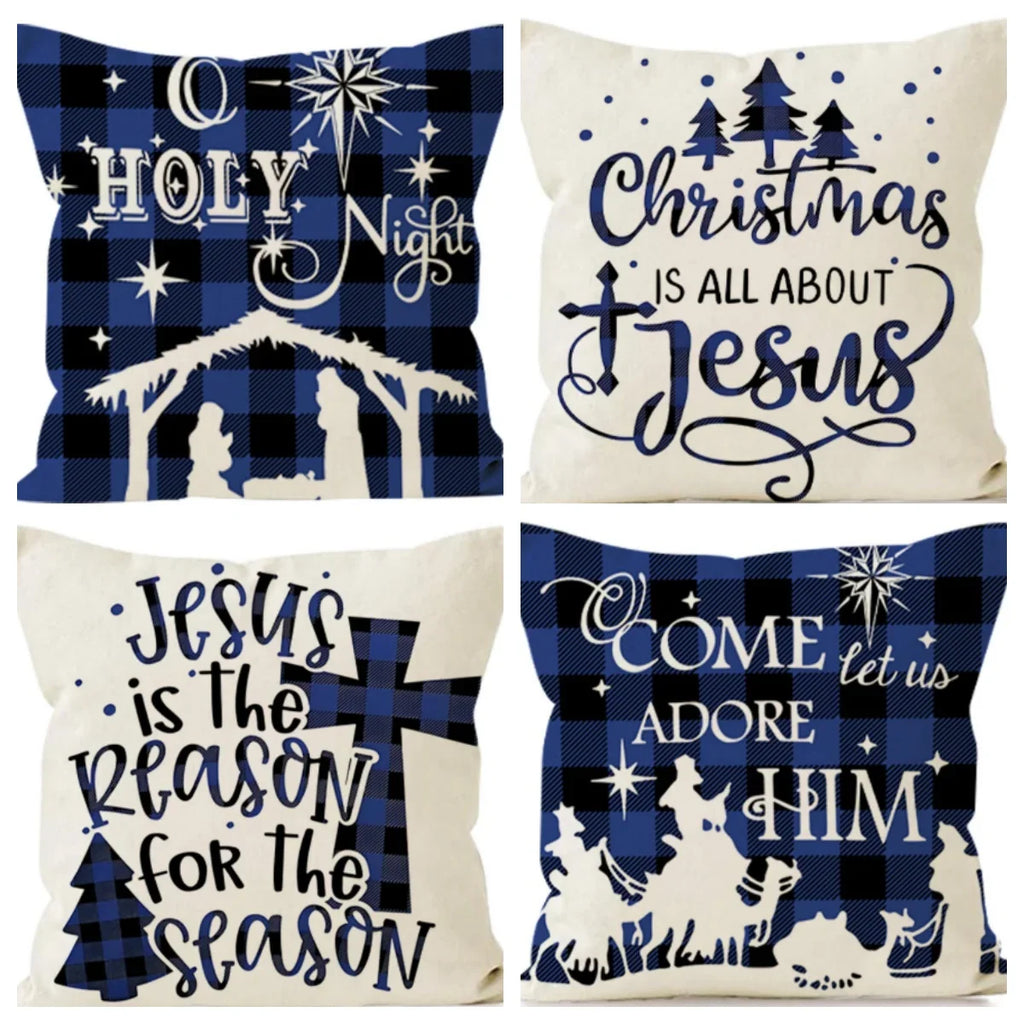 45cm White Blue Christmas Cushion Cover Printed Words Pillowcase 2025 Christmas for Home Ornament Xmas New Year Christmas Decor
