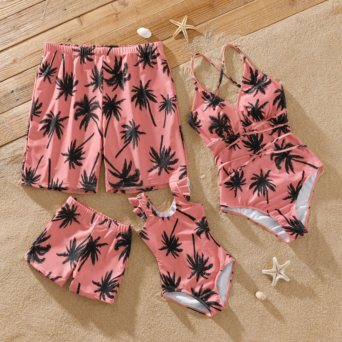 Family Matching Coconut Tree Print Swimwear – Pink Swim Trunks & Spaghetti Strap One-Piece Swimsuit