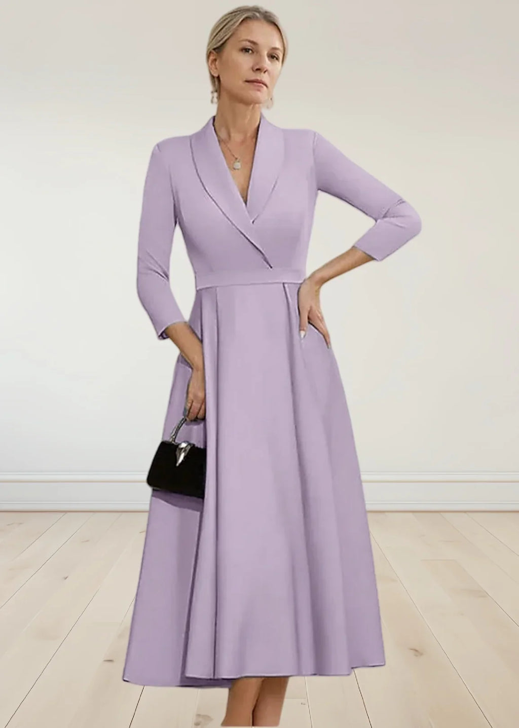 Elegant A-Line Satin Mother of the Bride Dress – Tea Length with 3/4 Sleeves | 2025 Wedding Guest Look