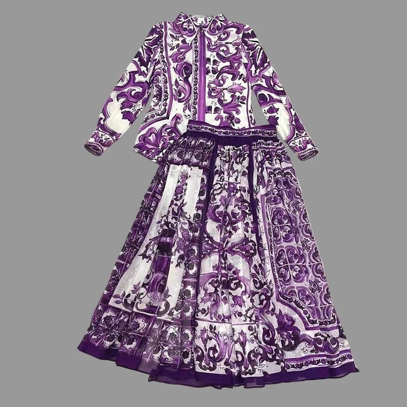 Elegant Women's Silk Top & Printed Cotton Skirt Set – 2-Piece Turn-Down Collar Outfit