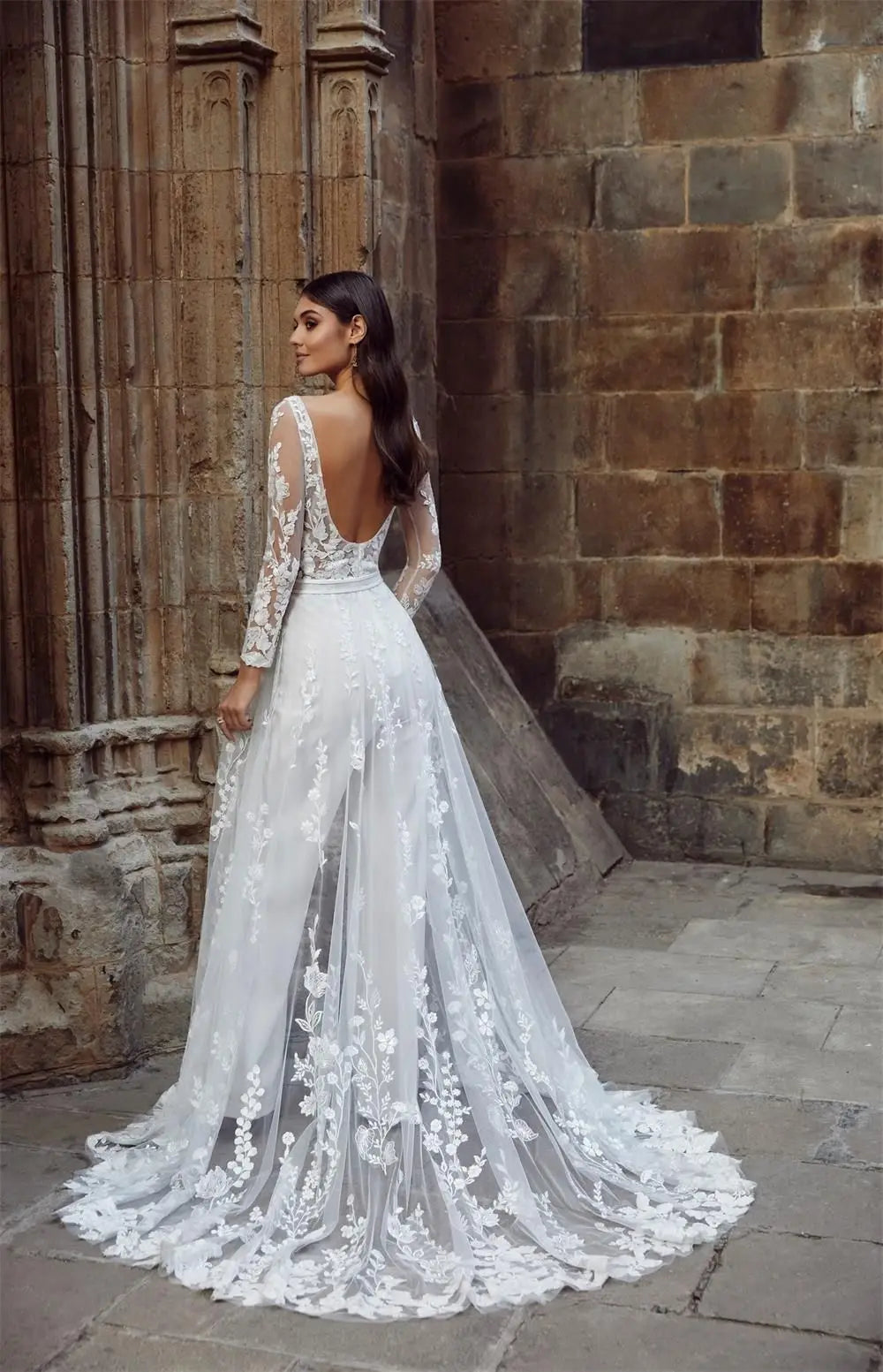 Illusion Long Sleeve Bridal Jumpsuit – Sheer Lace with Removable Train, Custom Made