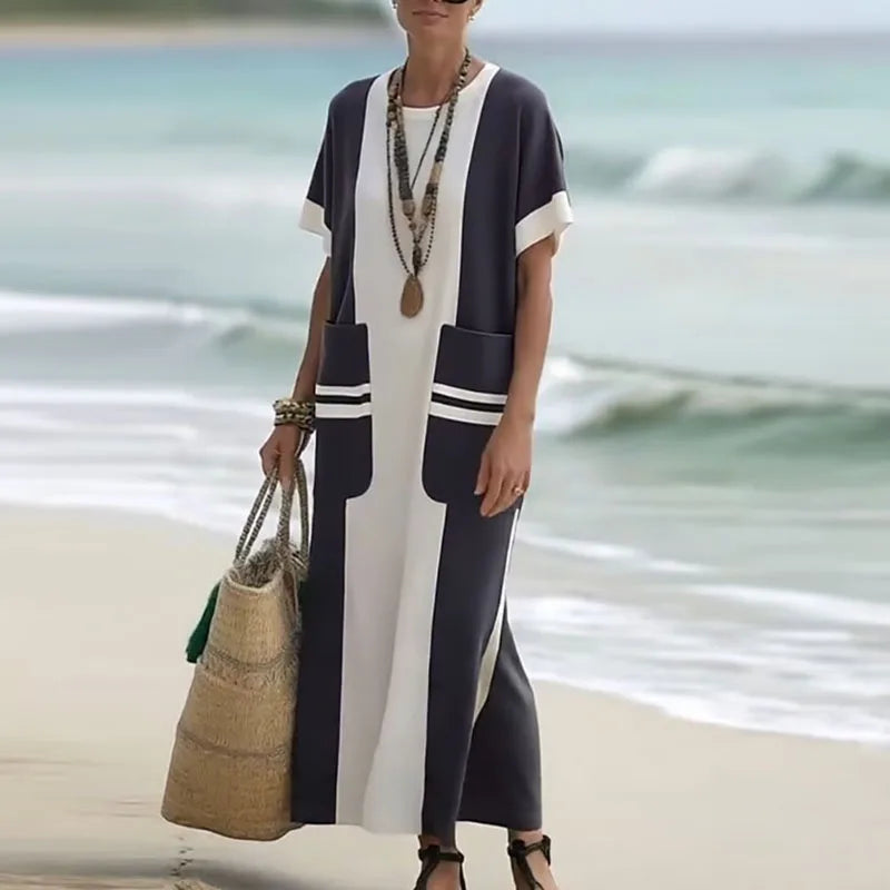 Elegant Patchwork Maxi Dress – Spring Summer Crew Neck Short Sleeve Boho Beach Dress with Side Split for Women