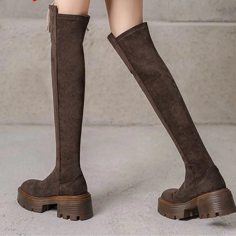 Flock Stretch Over-the-Knee Boots – Slip-On, Round Toe, Chunky High Heels, Elegant Modern Platform Style