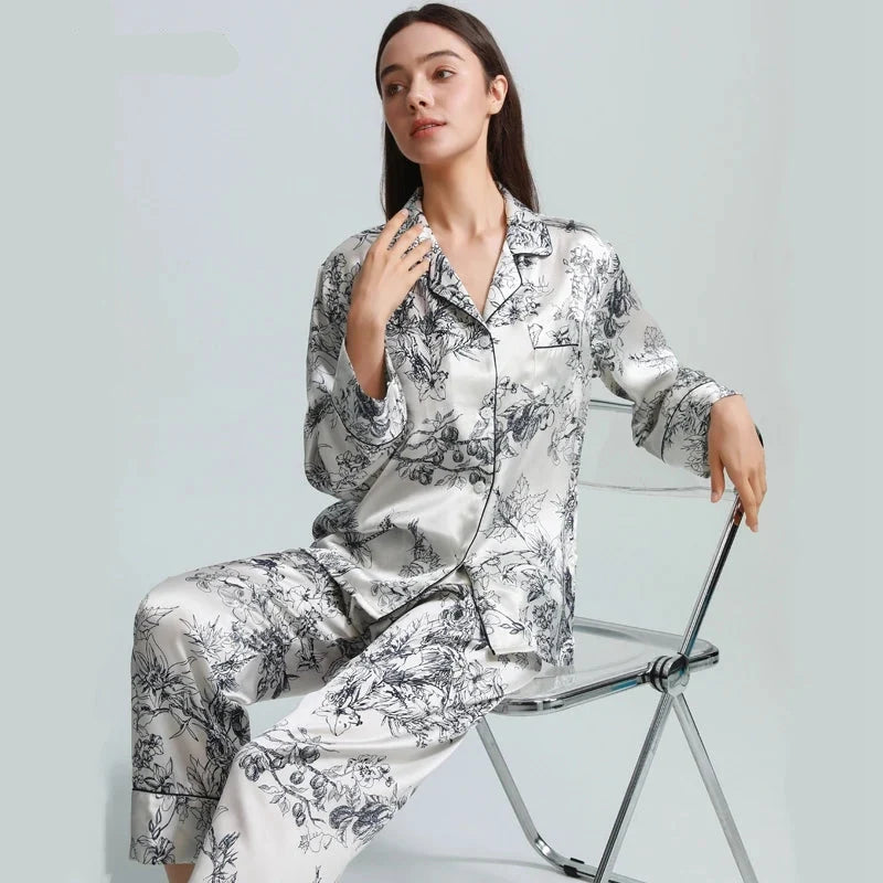 100% Real Silk Women's Pajama Set  |  Printed Long-Sleeve Summer Home Suit