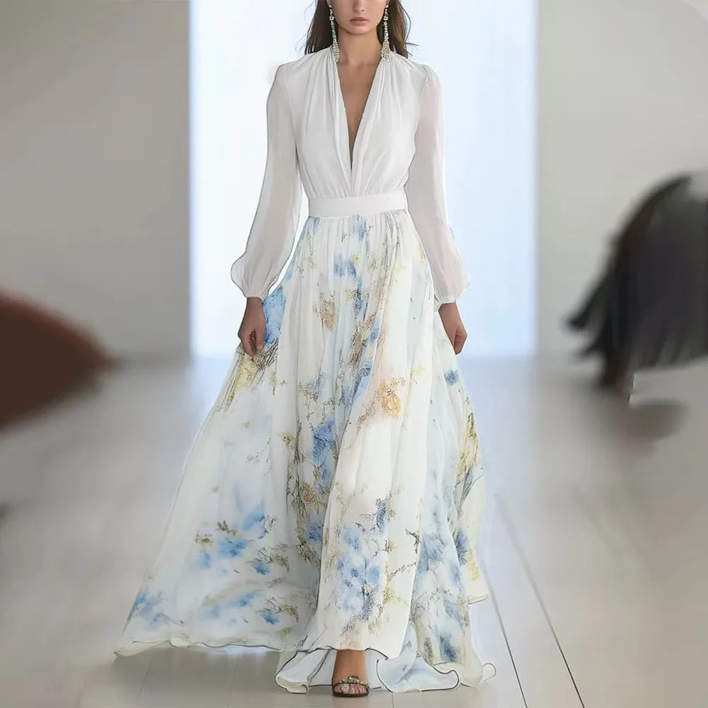 Elegant V-neck Long-sleeved Chiffon Dress Fashion Spring Autumn Powder Sleeve Splicing Flower Printing Casual Dresses Female