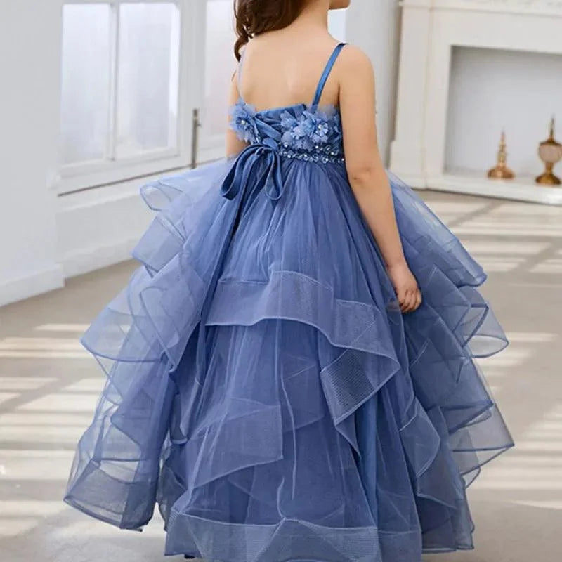 Blue Lace Tulle Flower Girl Dress - Spaghetti Straps