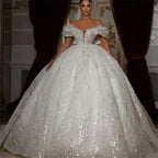 Sparkly Sequined A-Line Wedding Dress – Princess Chapel Train, Custom Made