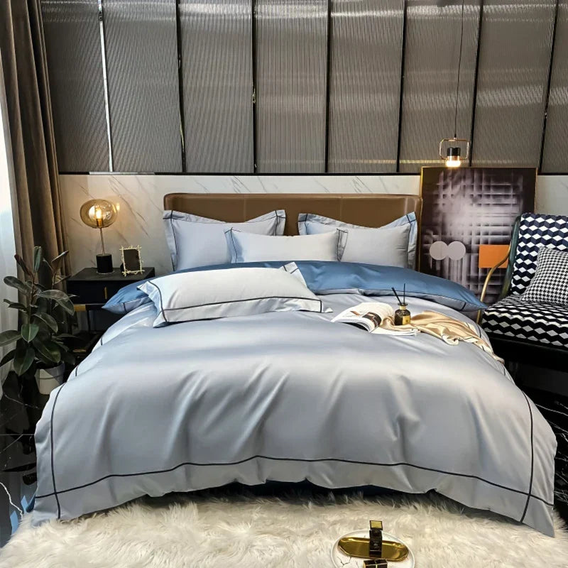 Royal Retreat Fine Gold Embroidered 600 TC Duvet Set - Purple/Dark Grey/White/Steel Blue/Light Grey/Jade Green/Peach Pink/Champagne/Blue/Beige/Aqua Green/Emerald Green