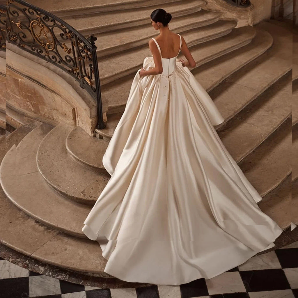 Sweetheart Off-Shoulder Ball Gown Wedding Dress – Pearl Details & Court Train, Custom Made