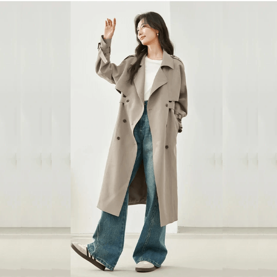 Elegant Long Trench Coat for Women – Fall Double-Breasted Windbreaker
