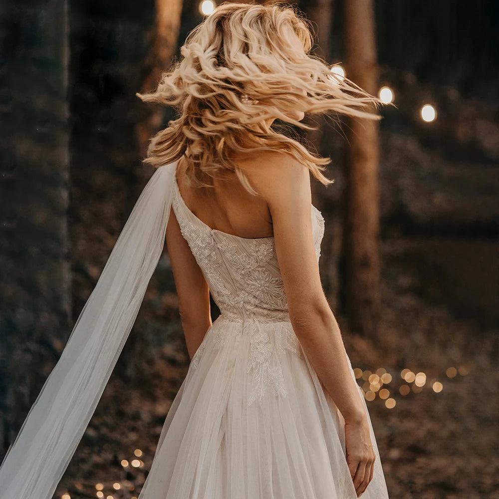 One-Shoulder Ruched Tulle Boho Beach Wedding Dress – Beading & Floral Appliqué Details, Custom Made