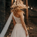 One-Shoulder Ruched Tulle Boho Beach Wedding Dress – Beading & Floral Appliqué Details, Custom Made