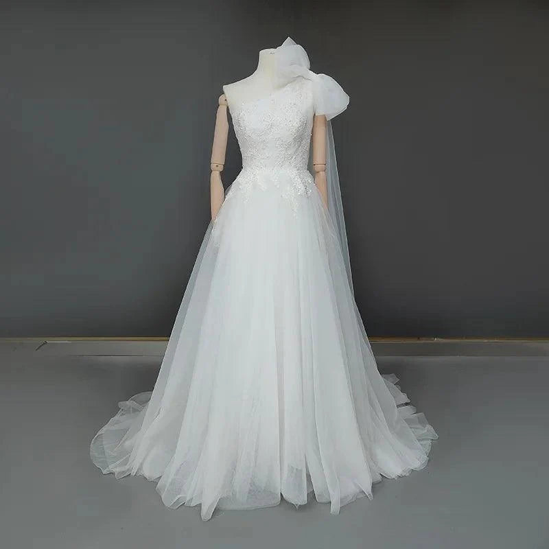 One-Shoulder Ruched Tulle Boho Beach Wedding Dress – Beading & Floral Appliqué Details, Custom Made