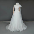 One-Shoulder Ruched Tulle Boho Beach Wedding Dress – Beading & Floral Appliqué Details, Custom Made