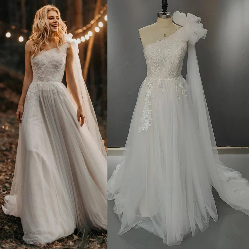 One-Shoulder Ruched Tulle Boho Beach Wedding Dress – Beading & Floral Appliqué Details, Custom Made