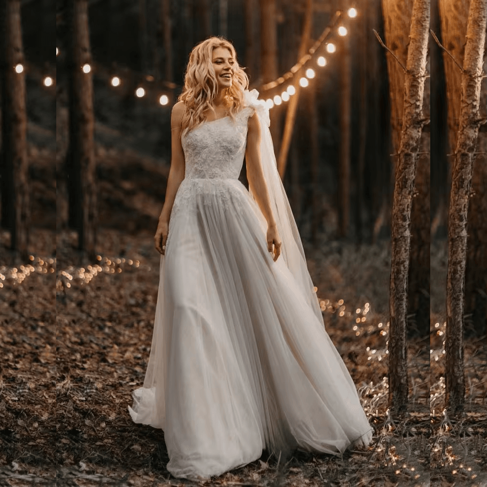 One-Shoulder Ruched Tulle Boho Beach Wedding Dress – Beading & Floral Appliqué Details, Custom Made