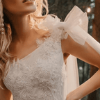 One-Shoulder Ruched Tulle Boho Beach Wedding Dress – Beading & Floral Appliqué Details, Custom Made