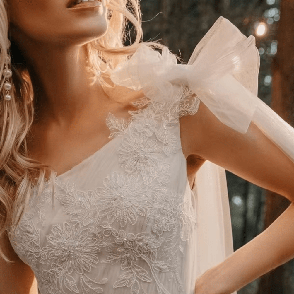 One-Shoulder Ruched Tulle Boho Beach Wedding Dress – Beading & Floral Appliqué Details, Custom Made