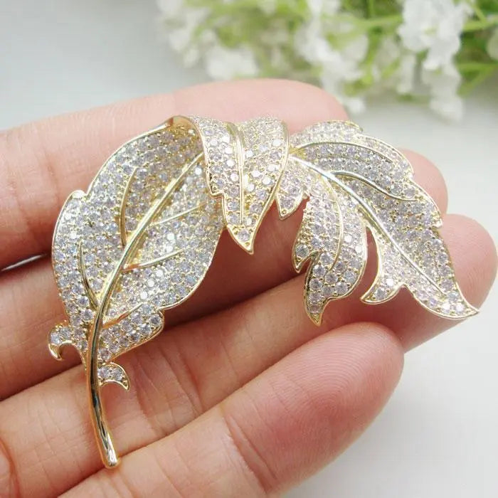 Clear Zircon Crystal Leaf Gold-Tone Brooch for Women